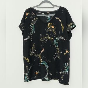 Worthington Blouse Women's Size XXL Floral Black Sheer Pullover Short Sleeve